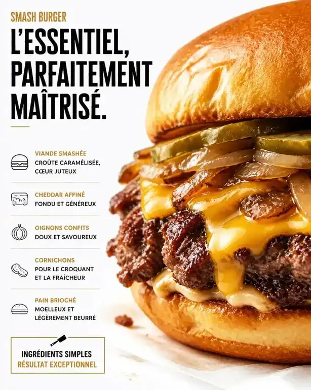 Smash burger artisanal à Marseille avec viande caramélisée et cheddar fondant