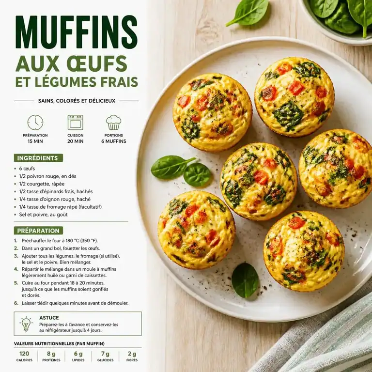 Petit déjeuner salé à préparer la veille : muffins aux œufs et légumes frais