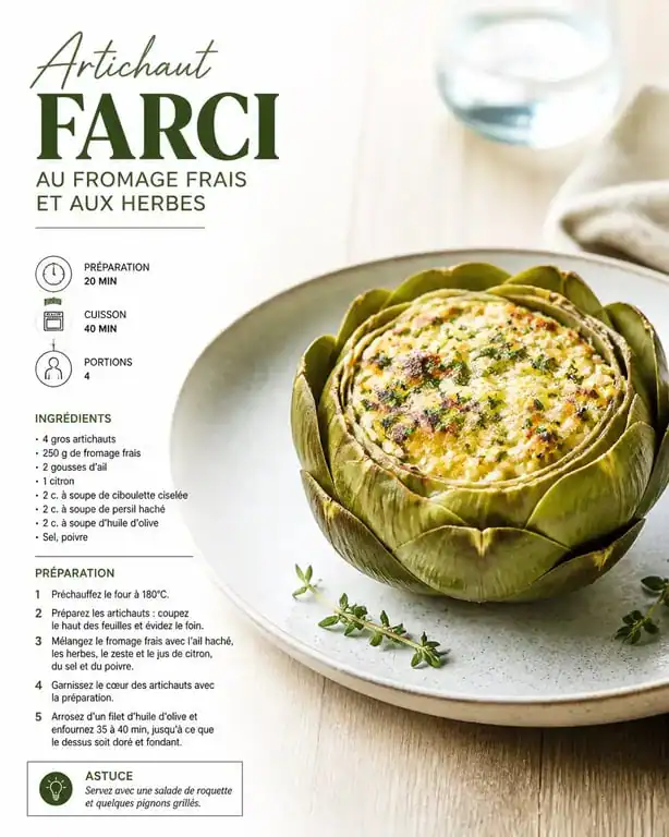 Artichaut farci au fromage frais et herbes, une idée d'accompagnement artichaut gourmande et raffinée.
