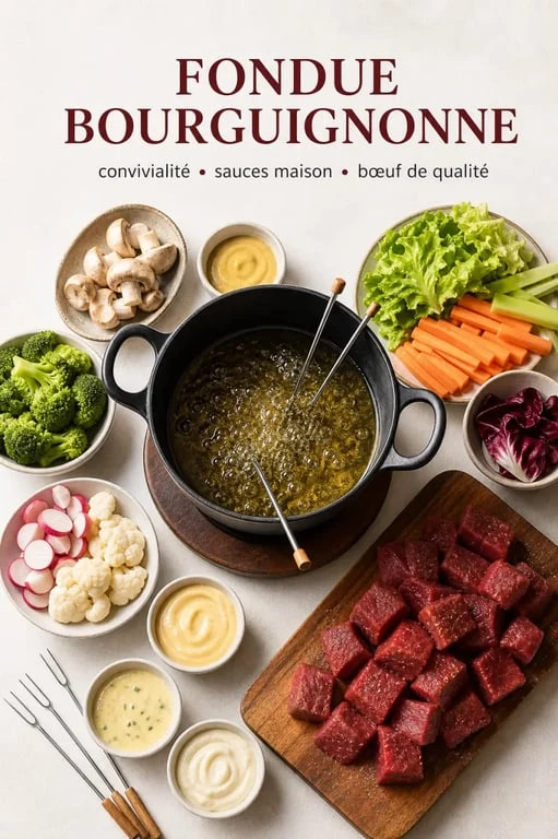 Table dressée pour une fondue bourguignonne avec ses accompagnements variés