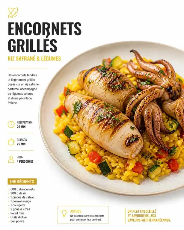 Assiette d'encornets grillés avec riz safrané et légumes, un accompagnement idéal pour les encornets.