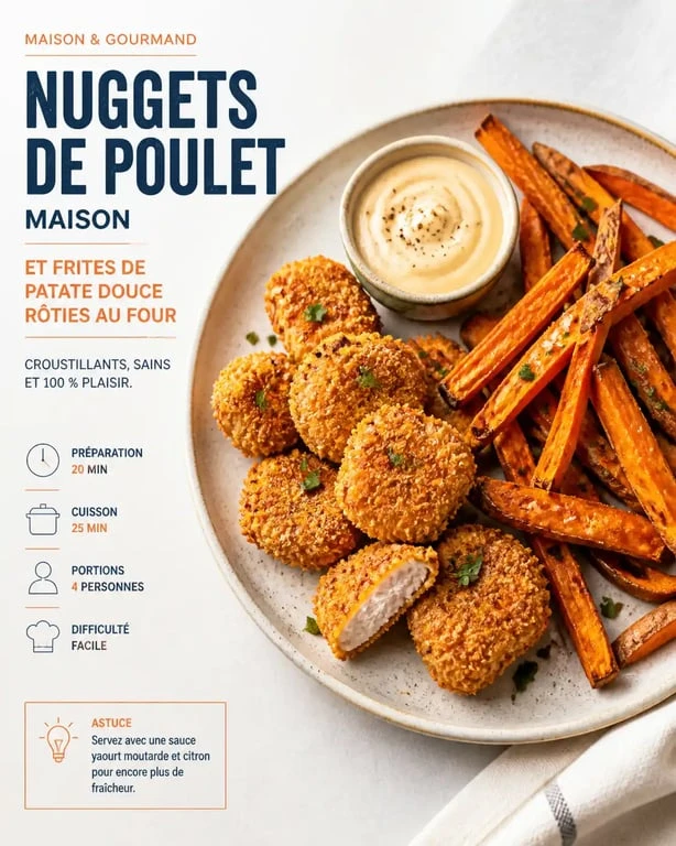 Assiette de nuggets de poulet maison et frites de patate douce pour un accompagnement nuggets sain et gourmand