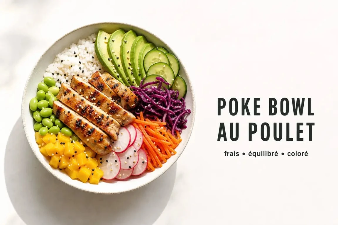 Recette poke bowl poulet frais et coloré dans un bol