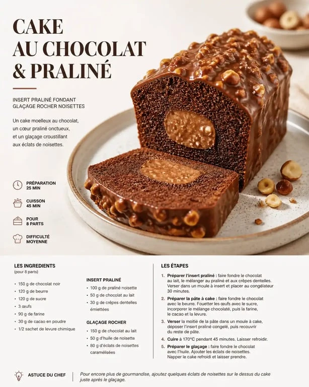 Cake au chocolat praliné avec glaçage rocher et insert fondant, recette gourmande