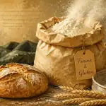 farine de froment et gluten sur table rustique avec pain