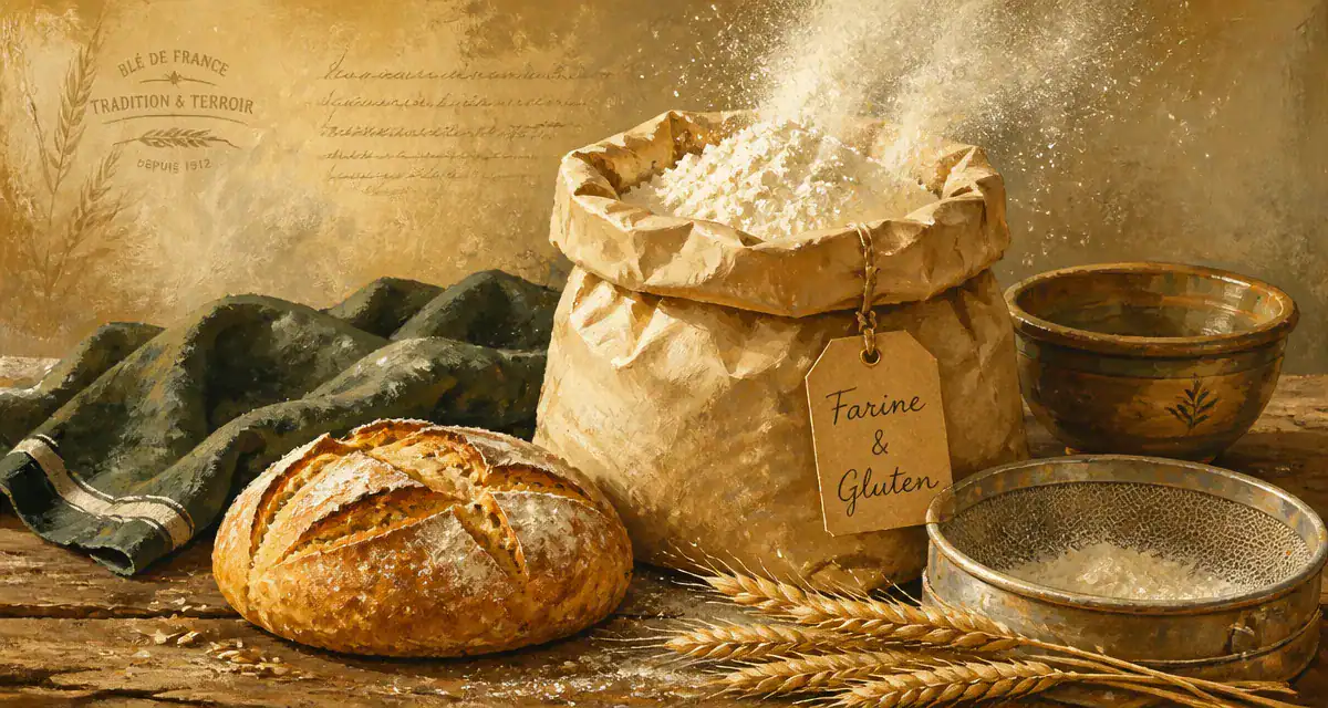 farine de froment et gluten sur table rustique avec pain