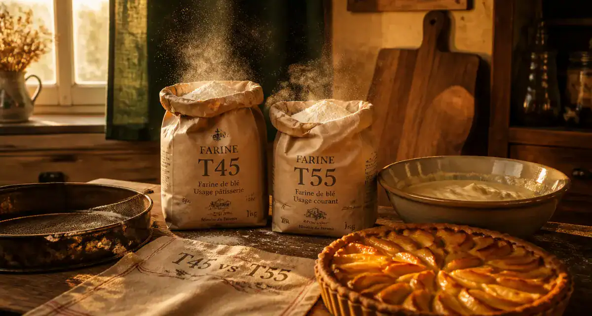 farine t45 ou t55 sur table rustique avec pâtisseries