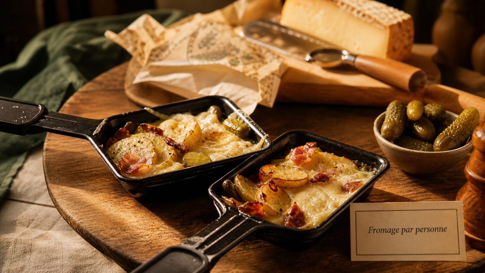 Fromage a raclette par personne : poêlons et tranches, 200g à plus