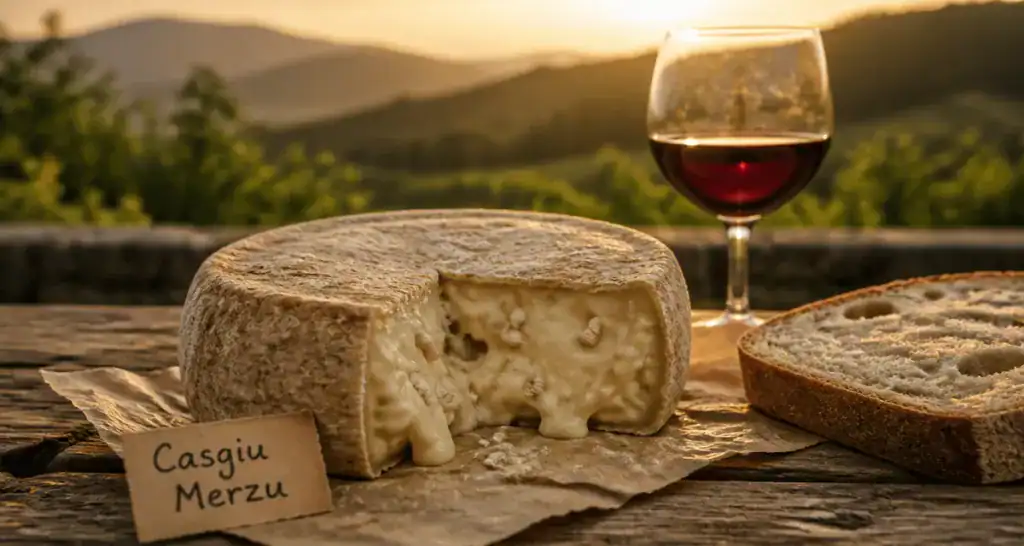 fromages corses avec vers casgiu merzu et vin sur table