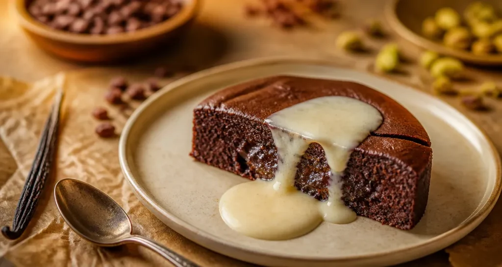 Gâteau pour accompagner une crème anglaise maison, fondant chocolat nappé de crème anglaise