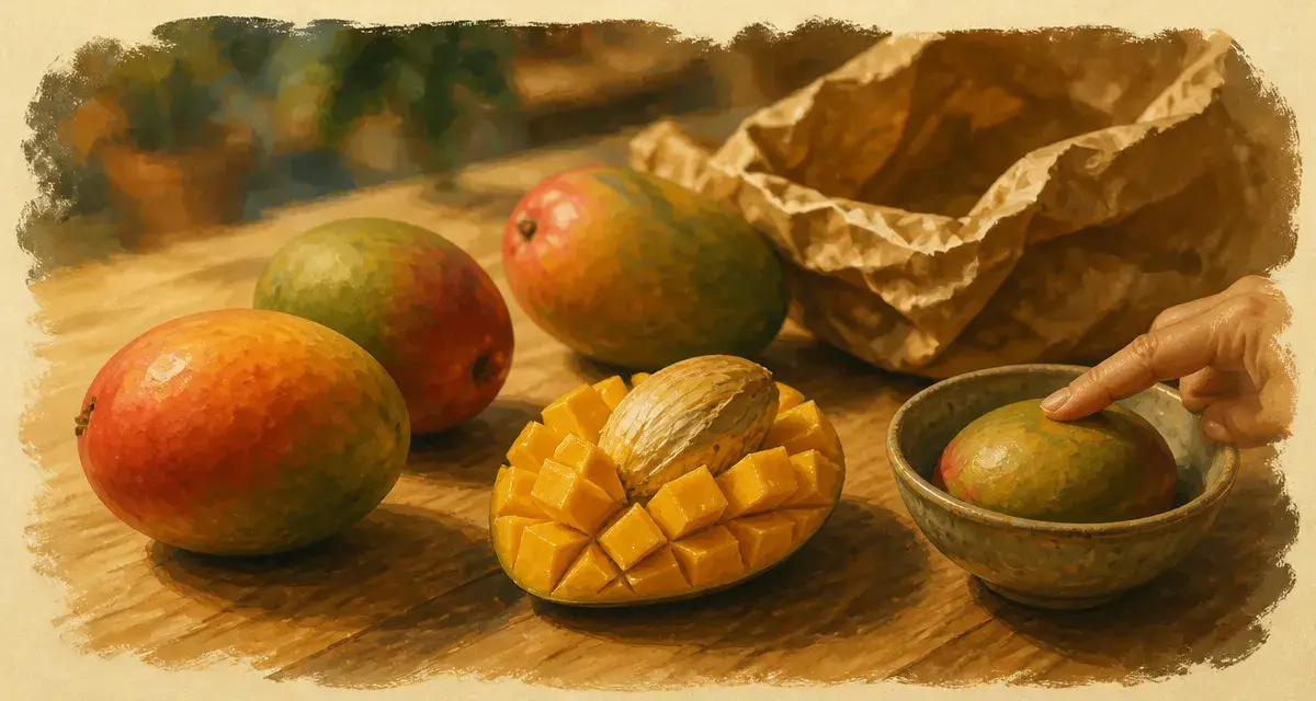 Mangue mure : doigts sur la peau et papier journal pour mûrir sans se tromper