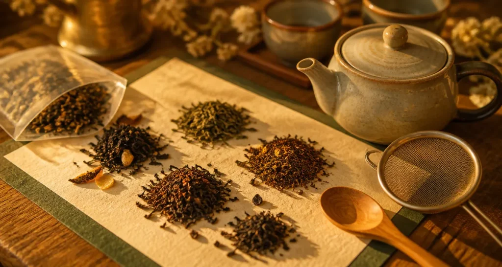 Meilleure marque de thé : thés en vrac et théière sur table en bois