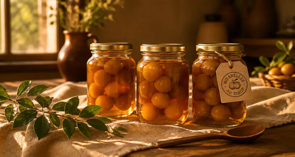 bocaux de mirabelle au sirop sans stérilisation sur table rustique