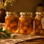 bocaux de mirabelle au sirop sans stérilisation sur table rustique