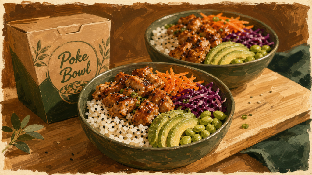 Recette poke bowl poulet : bols mariné, poulet, avocat et riz