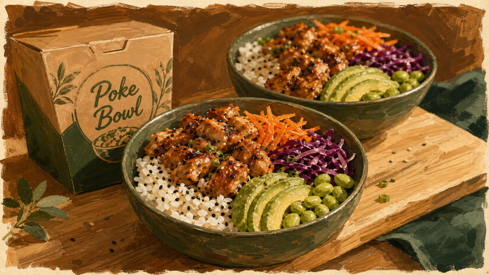 Recette poke bowl poulet : bols mariné, poulet, avocat et riz