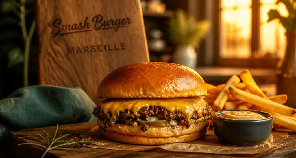 smash burger marseille sur table en bois