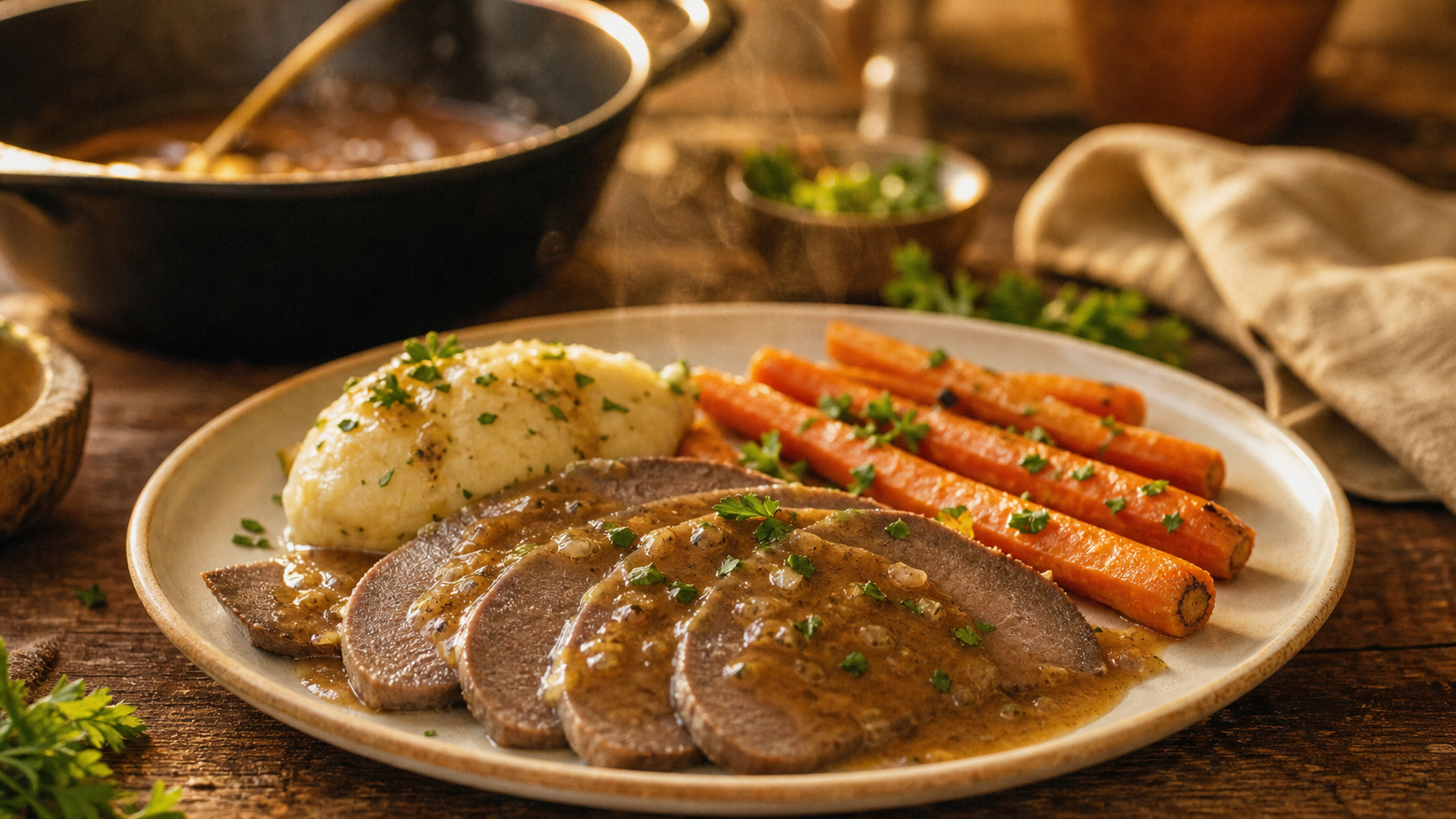 Accompagnement pour langue de boeuf : purée et carottes glacées