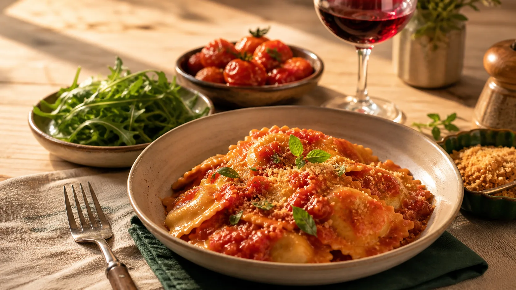 Accompagnement ravioli : sauce tomate rôtie et légumes