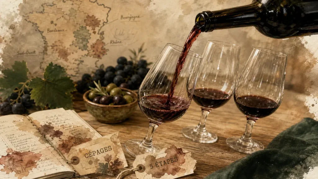 Apprendre le vin : bases, 5 étapes de dégustation et accords mets-vins