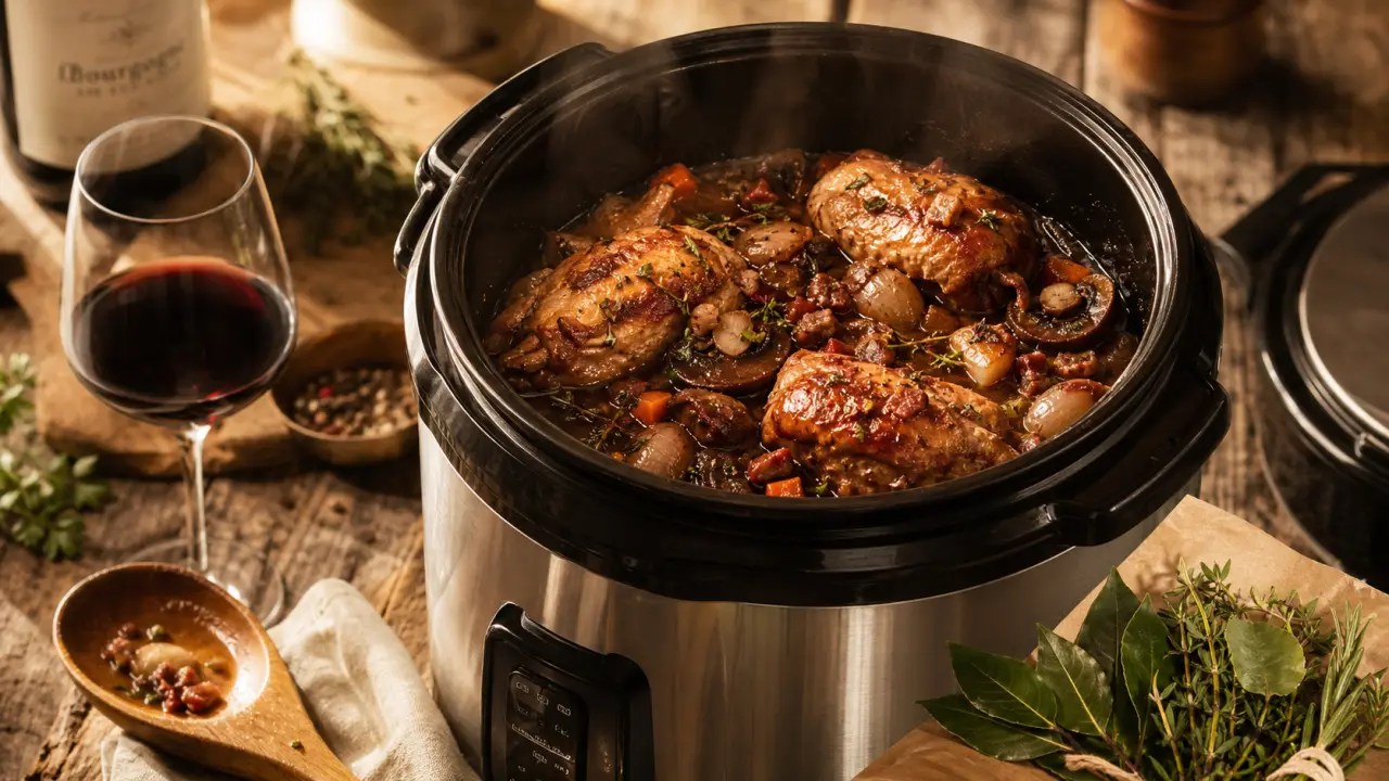 Coquelet au vin cookeo en cocotte, viande tendre en 20 minutes