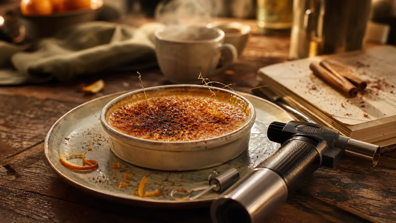 Desserts espagne : crème catalane caramélisée au chalumeau sur assiette