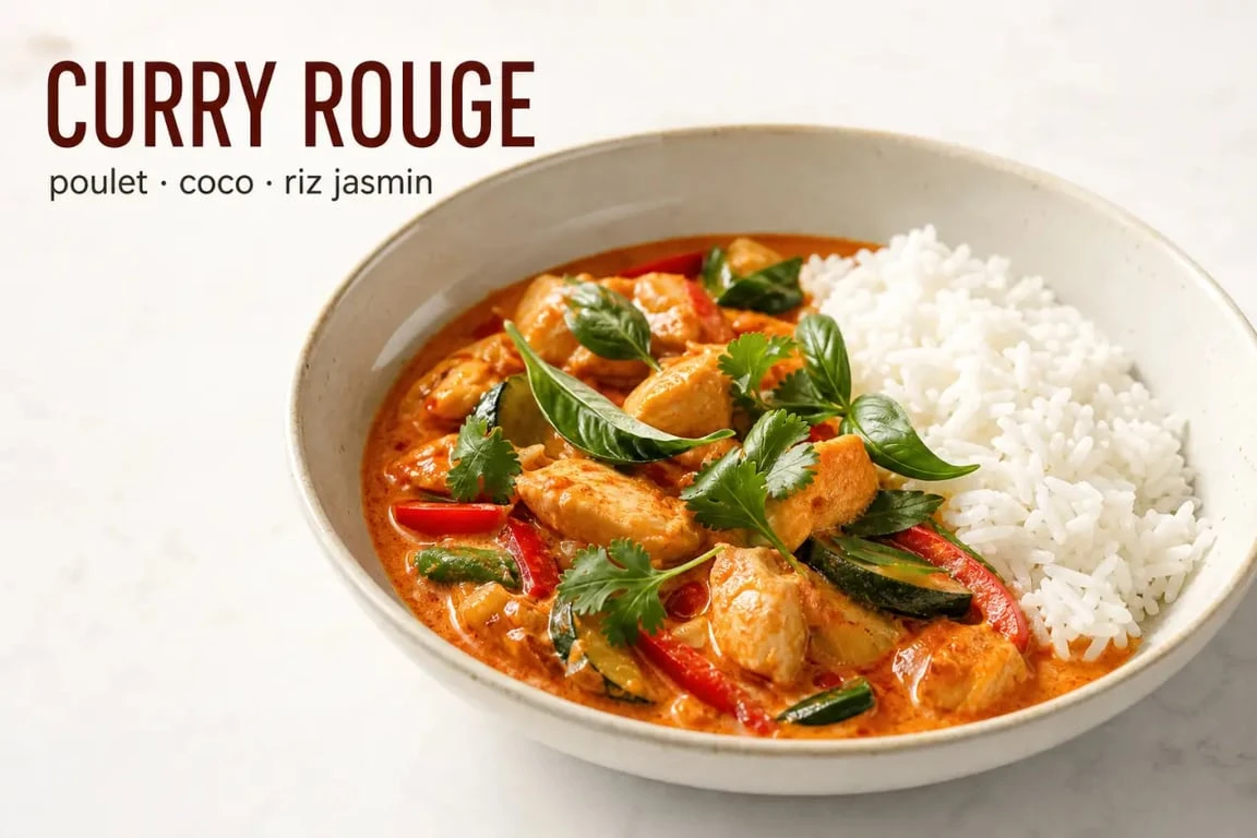 Recette avec pate de curry rouge, poulet, lait de coco et légumes servie avec du riz