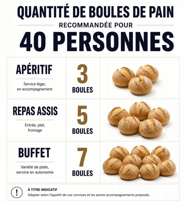 Infographie des quantités de boules de pain pour 40 personnes selon le type de repas