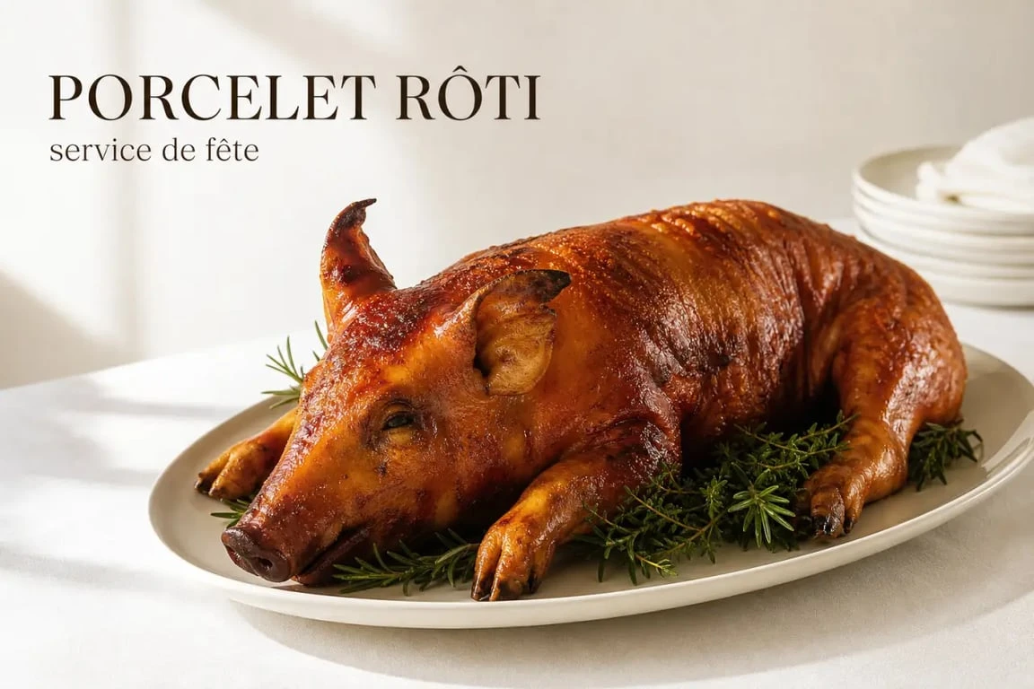 Porcelet à la broche doré et croustillant servi sur un grand plat