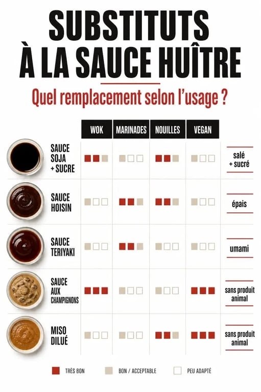 Par quoi remplacer la sauce huitre : tableau comparatif visuel des meilleures alternatives en cuisine asiatique