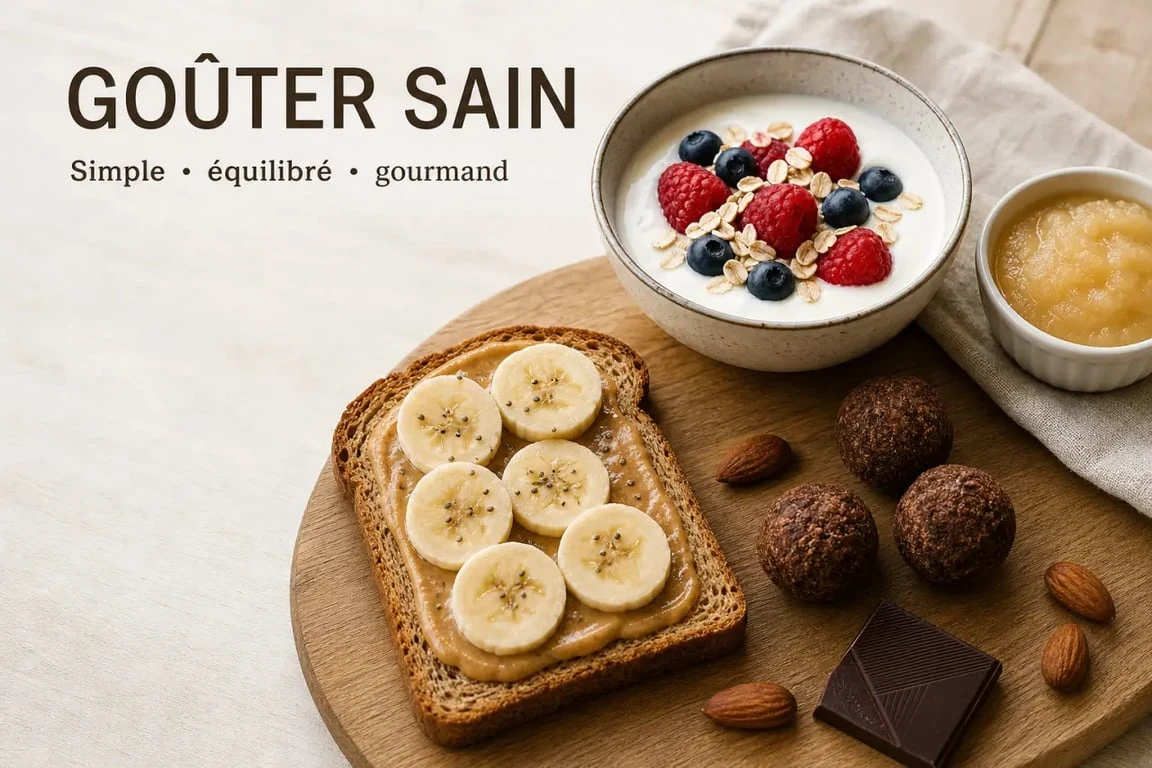 Goûter healthy avec tartine complète, yaourt aux fruits et energy balls