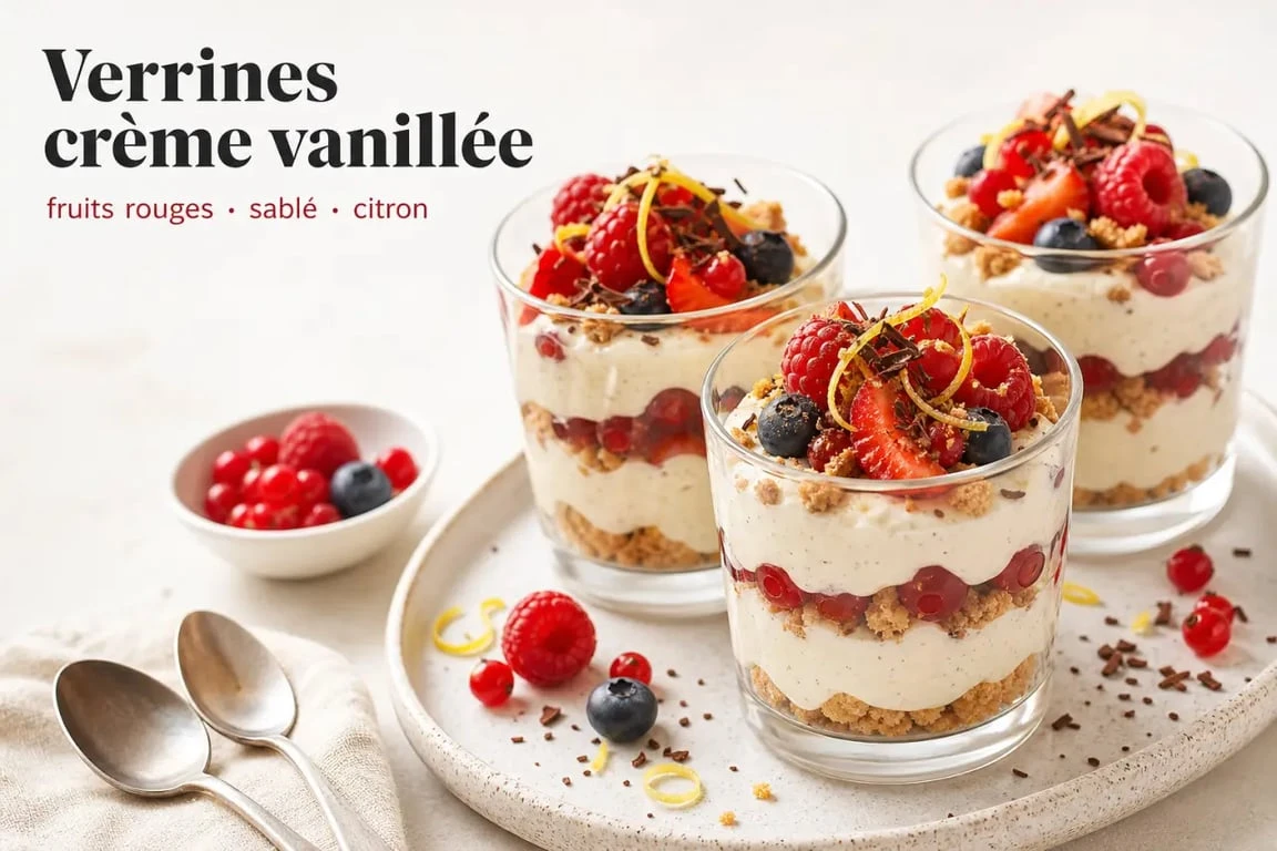 Dessert crème fraîche rapide en verrines avec biscuits et fruits rouges