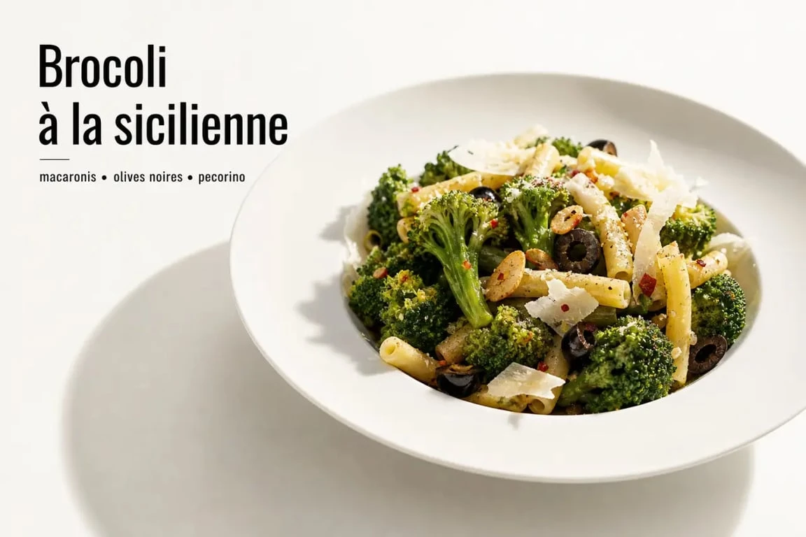 Brocoli italien à la sicilienne avec macaronis, olives noires et Pecorino