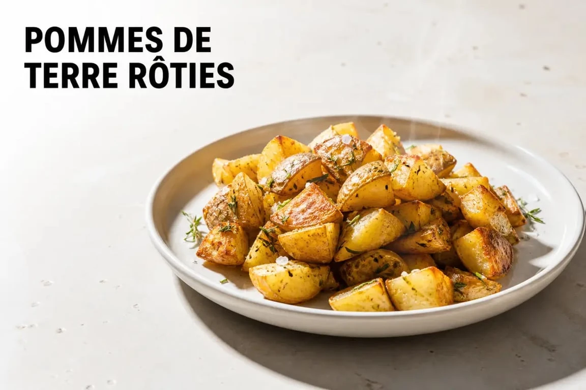 Accompagnement de pommes de terre rôties aux herbes, dorées et croustillantes, servies dans une assiette élégante
