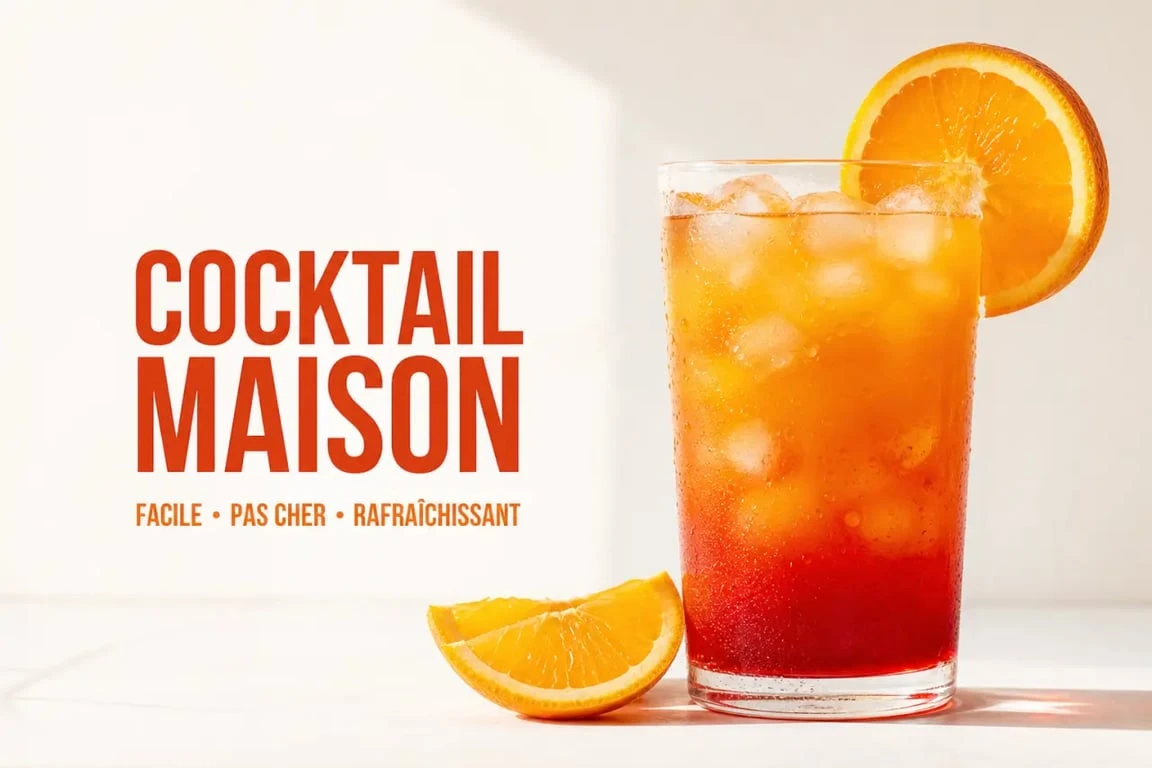 Cocktail facile et pas cher servi dans un verre avec glaçons, jus d’orange et grenadine