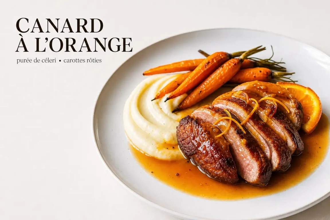 Canard à l'orange accompagné de purée de céleri et carottes rôties pour un repas festif