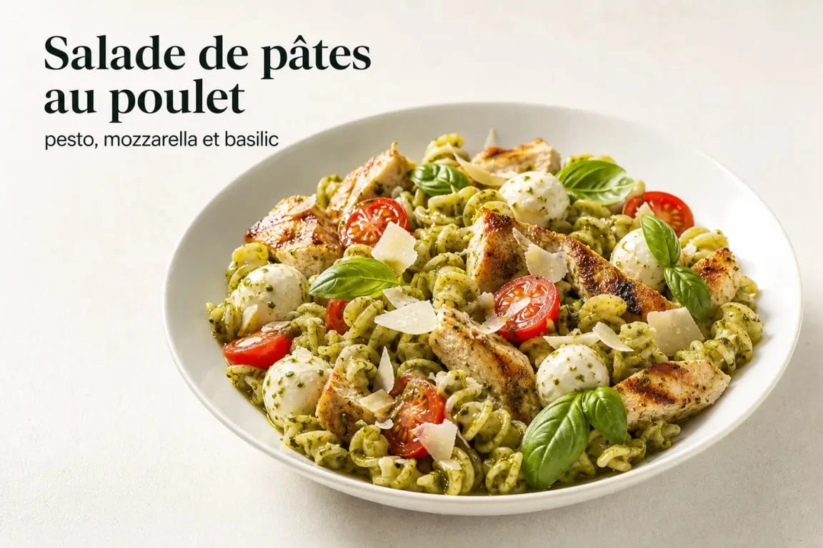 Salades de pates au poulet servies en assiette avec poulet doré, tomates cerise, mozzarella, parmesan et basilic