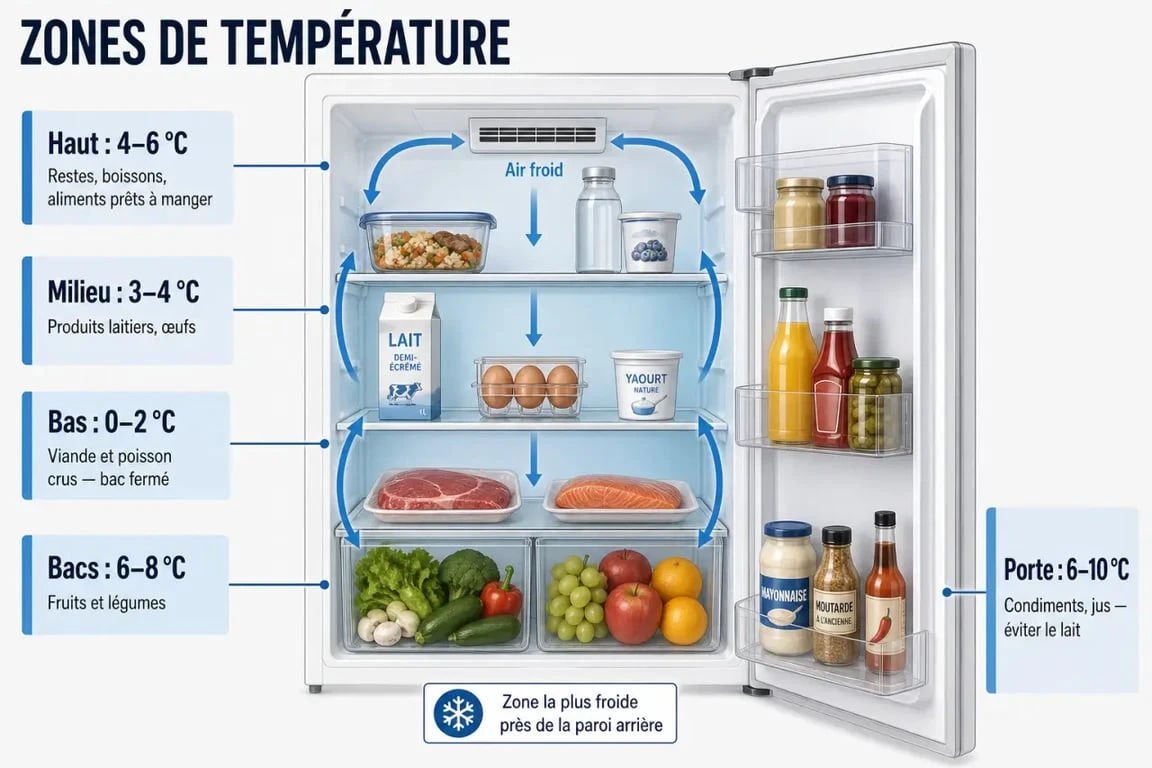 Infographie des zones de température dans un réfrigérateur pour une conservation optimale des aliments