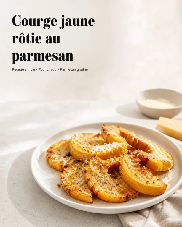 Recette courge jaune rôtie au parmesan sur assiette blanche