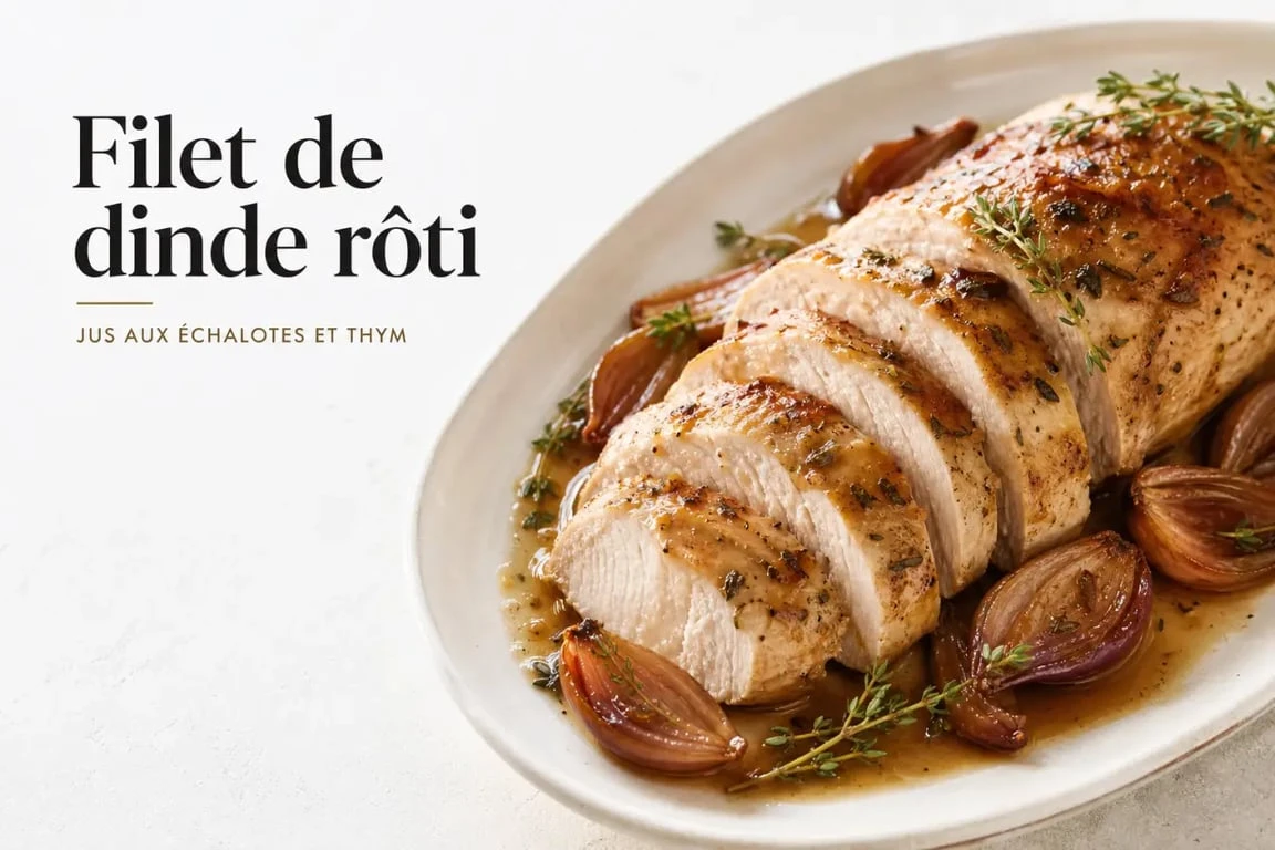 Recette filet de dinde au four moelleux servi en tranches avec jus et échalotes rôties
