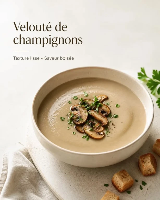 Velouté de champignons Thermomix servi en bol avec persil et champignons poêlés