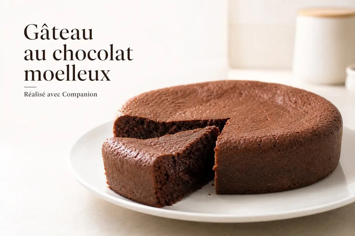 Meilleur gâteau au companion au chocolat moelleux, présenté sur assiette blanche avec une part coupée