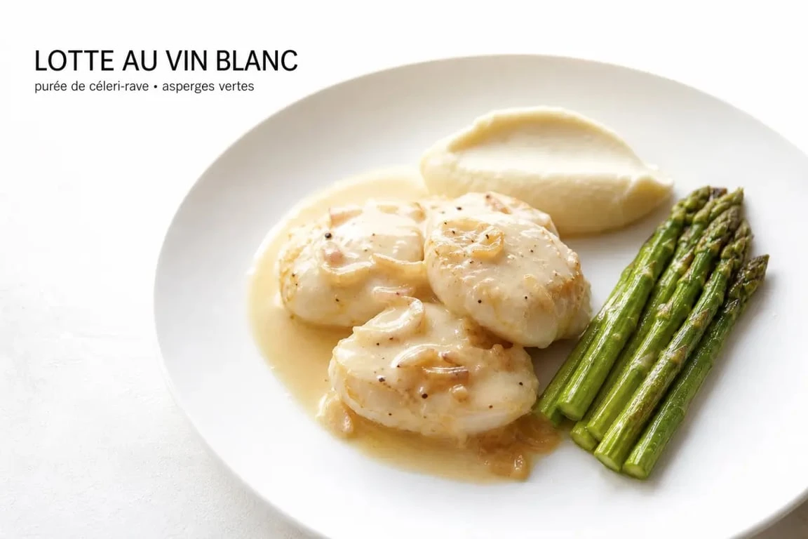 Recette de lotte raffinée : médaillons de lotte sauce vin blanc et crème sur assiette gastronomique