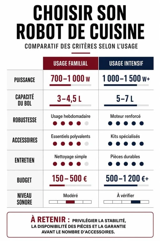 Infographie comparative des critères de choix pour le meilleur robot cuisine selon l'usage