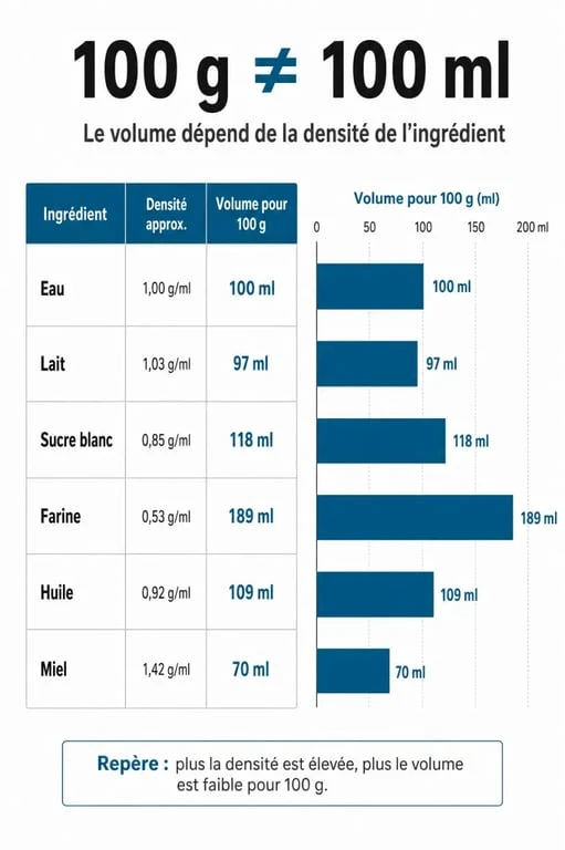 Infographie 100g en ml avec les équivalences selon l’eau, le lait, le sucre, la farine, l’huile et le miel