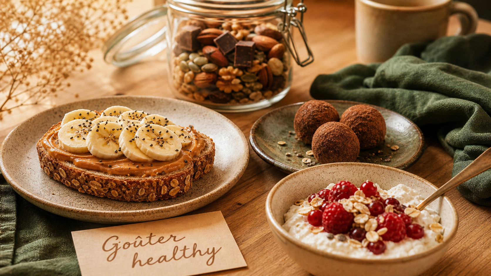 Gouter healthy : tartine purée de cacahuète et bol fromage blanc aux fruits