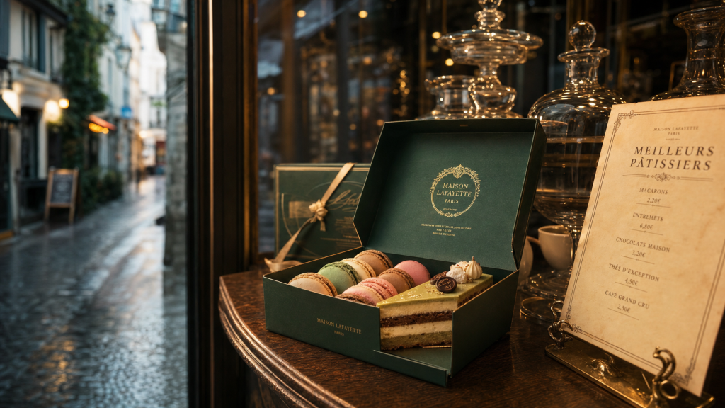 Meilleure patissier paris : vitrine de pâtisserie à Paris avec macarons et entremets