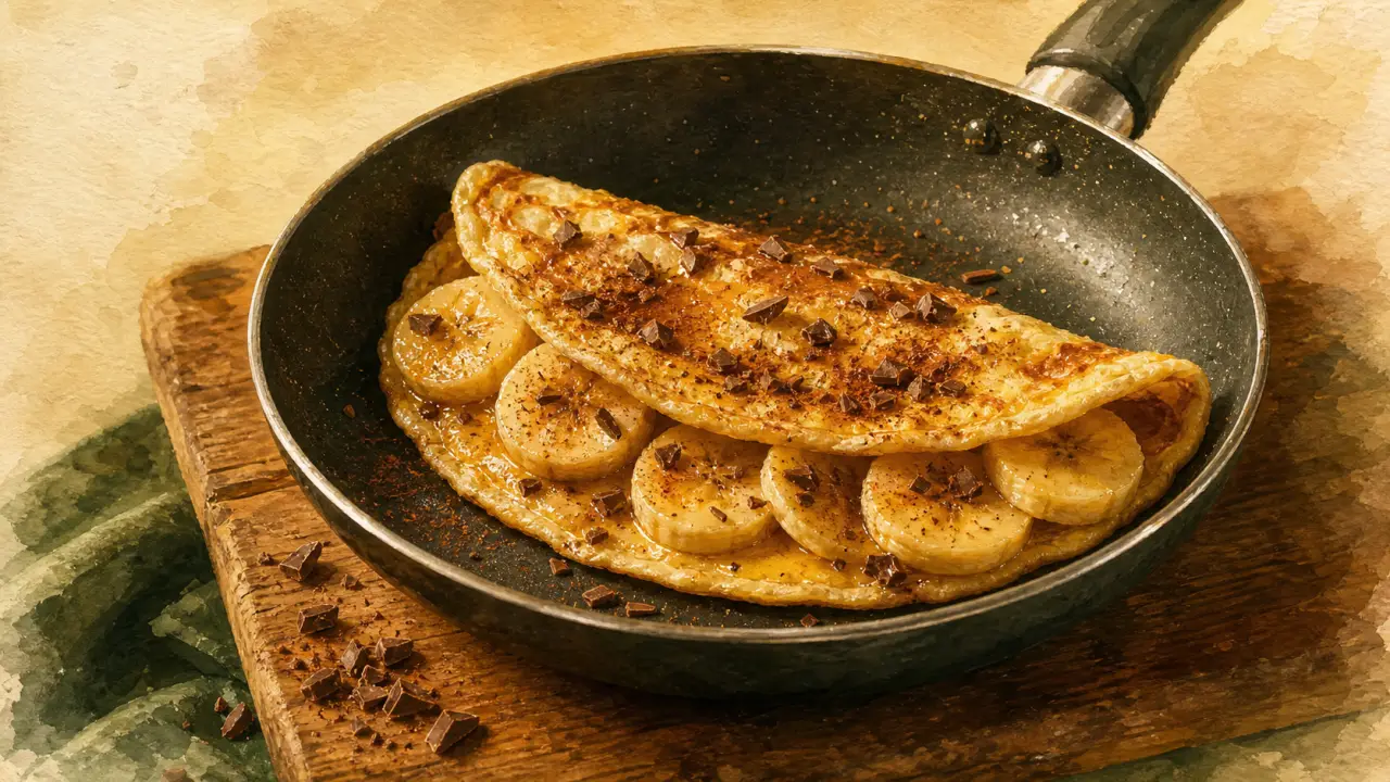 Omelette sucrée banane moelleuse, poêle avec rondelles et chocolat