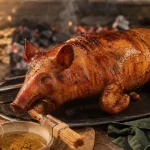 Porcelet a la broche doré et croustillant, peau grillée