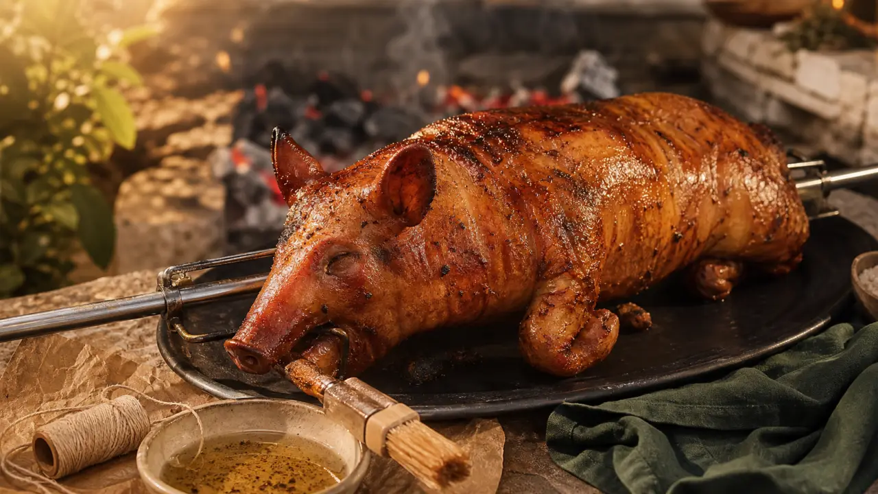 Porcelet a la broche doré et croustillant, peau grillée
